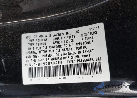 2015 Honda Accord Lx из США, поврежденный, VIN 1HGCR2F33FA187366